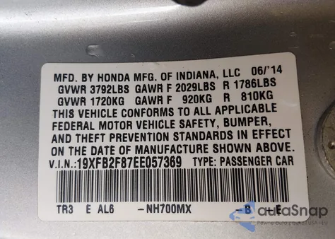 2014 Honda Civic Ex from USA, damaged, VIN 19XFB2F87EE057369